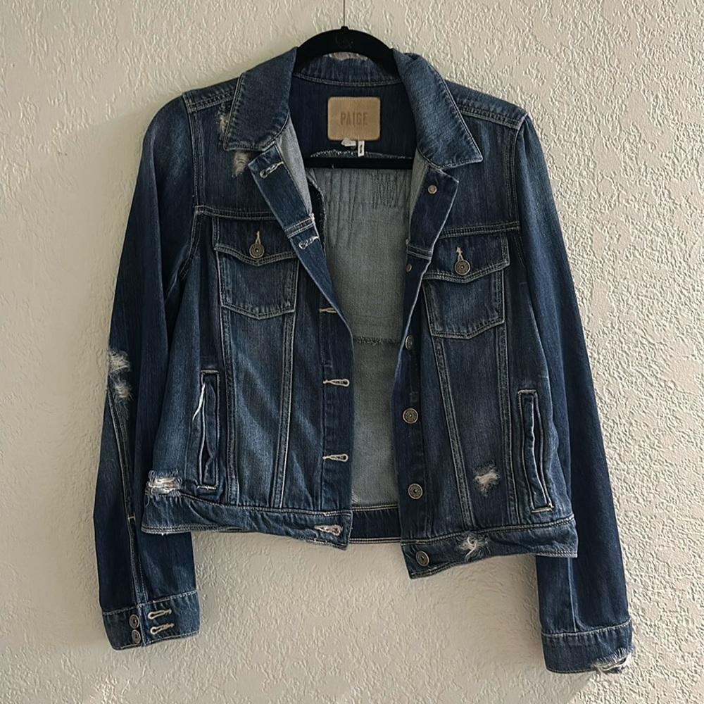 Paige Distressed Jean Jacket- Dark Blue